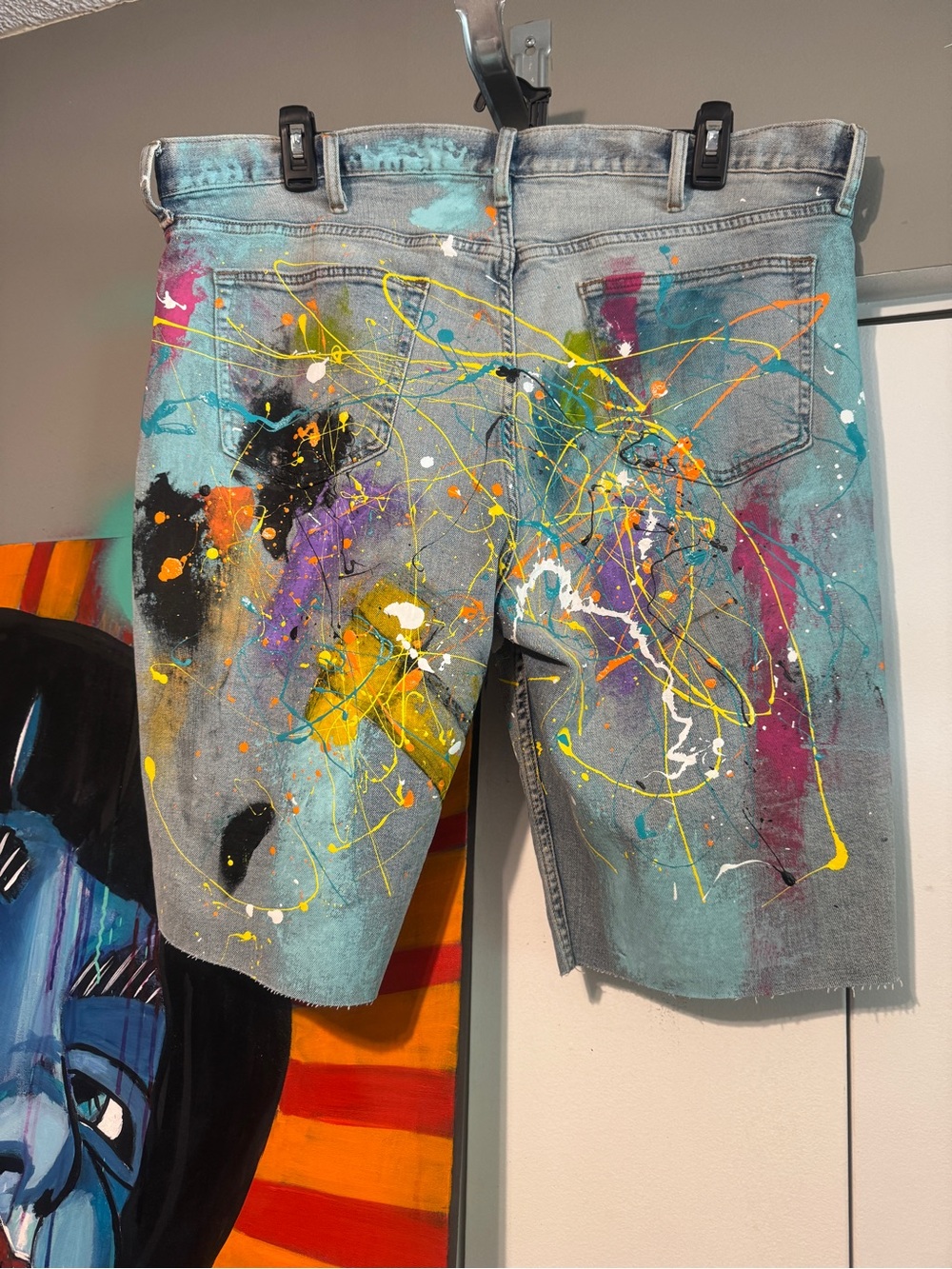 Old Navy Hand Painted Denim Jorts Splatter Vibrant Abstract Shorts 40 x 12 - Picture 12 of 12